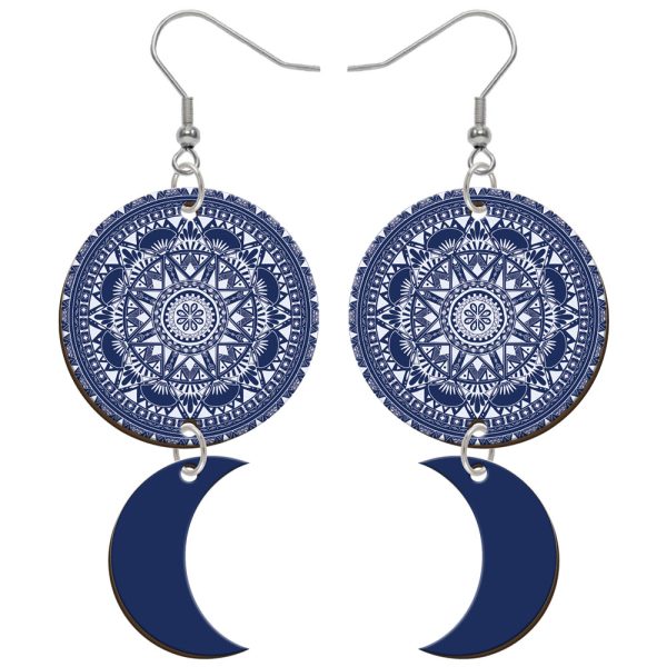 Ξύλινα Σκουλαρίκια Circle With Moon Mandala Blue