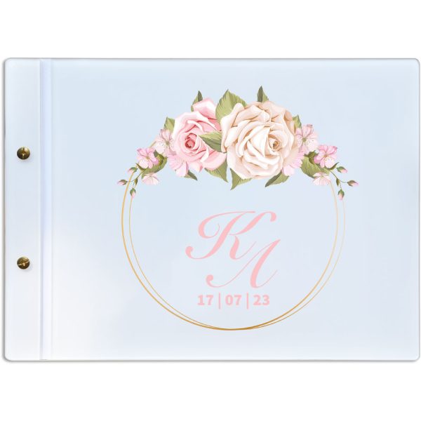 Χειροποίητο Βιβλίο Ευχών Γάμου Plexiglass Εκτυπωμένο με Σχέδιο Pink Roses